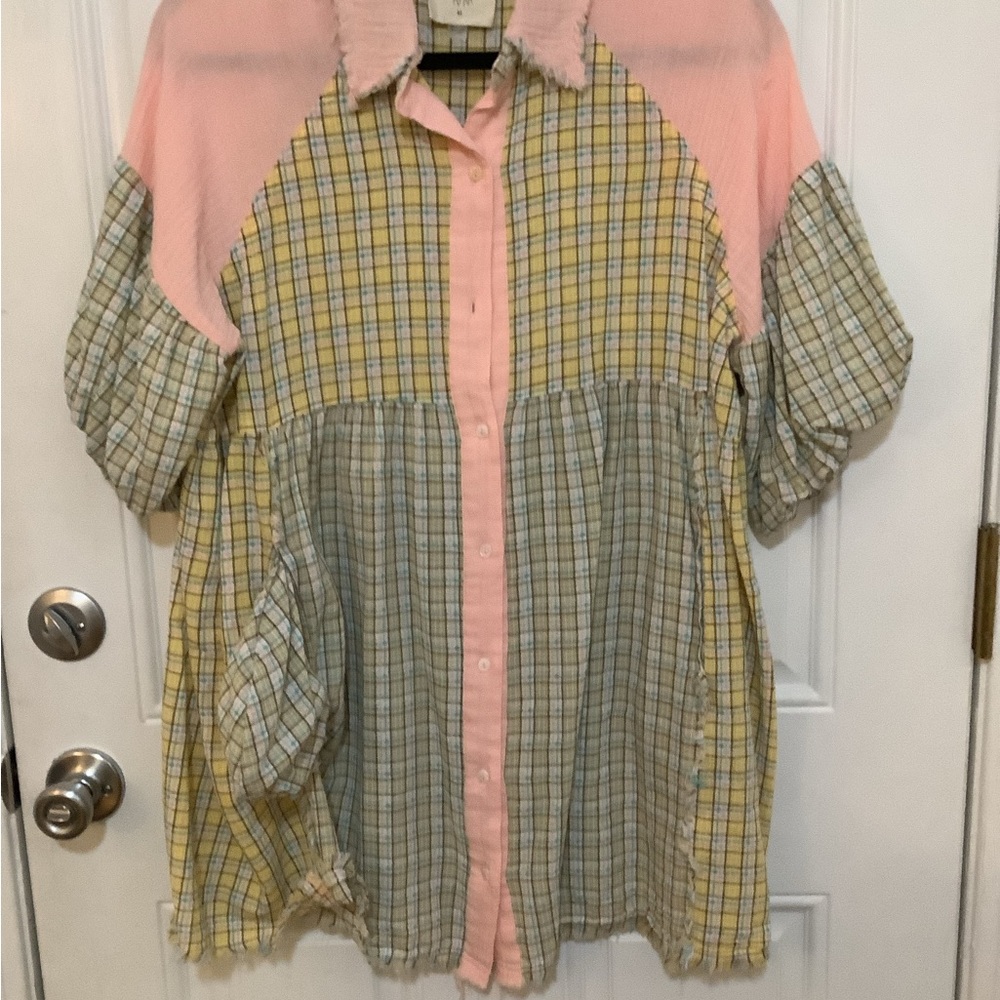Girls' Pink and Yellow Plaid Button-Up Dress